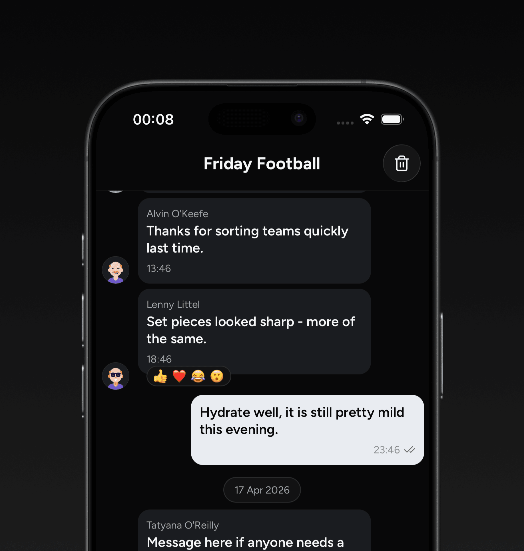 Teamsheet match chat screen showing group conversation