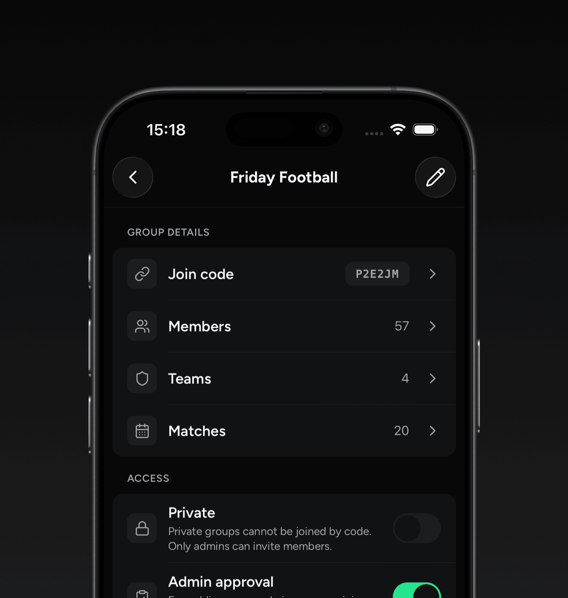 Teamsheet group setup screen for creating a new group