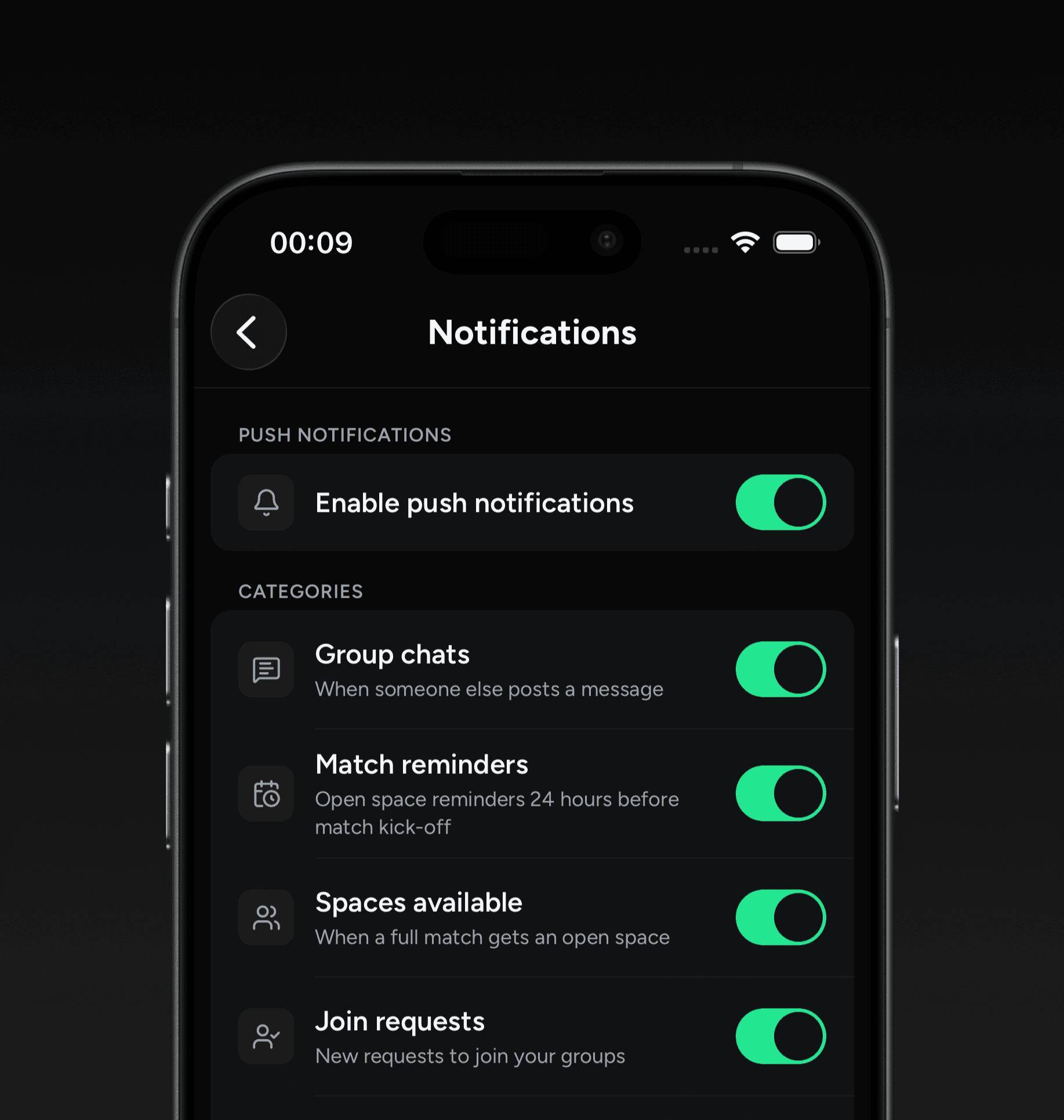 Teamsheet reminder and notification settings for match updates