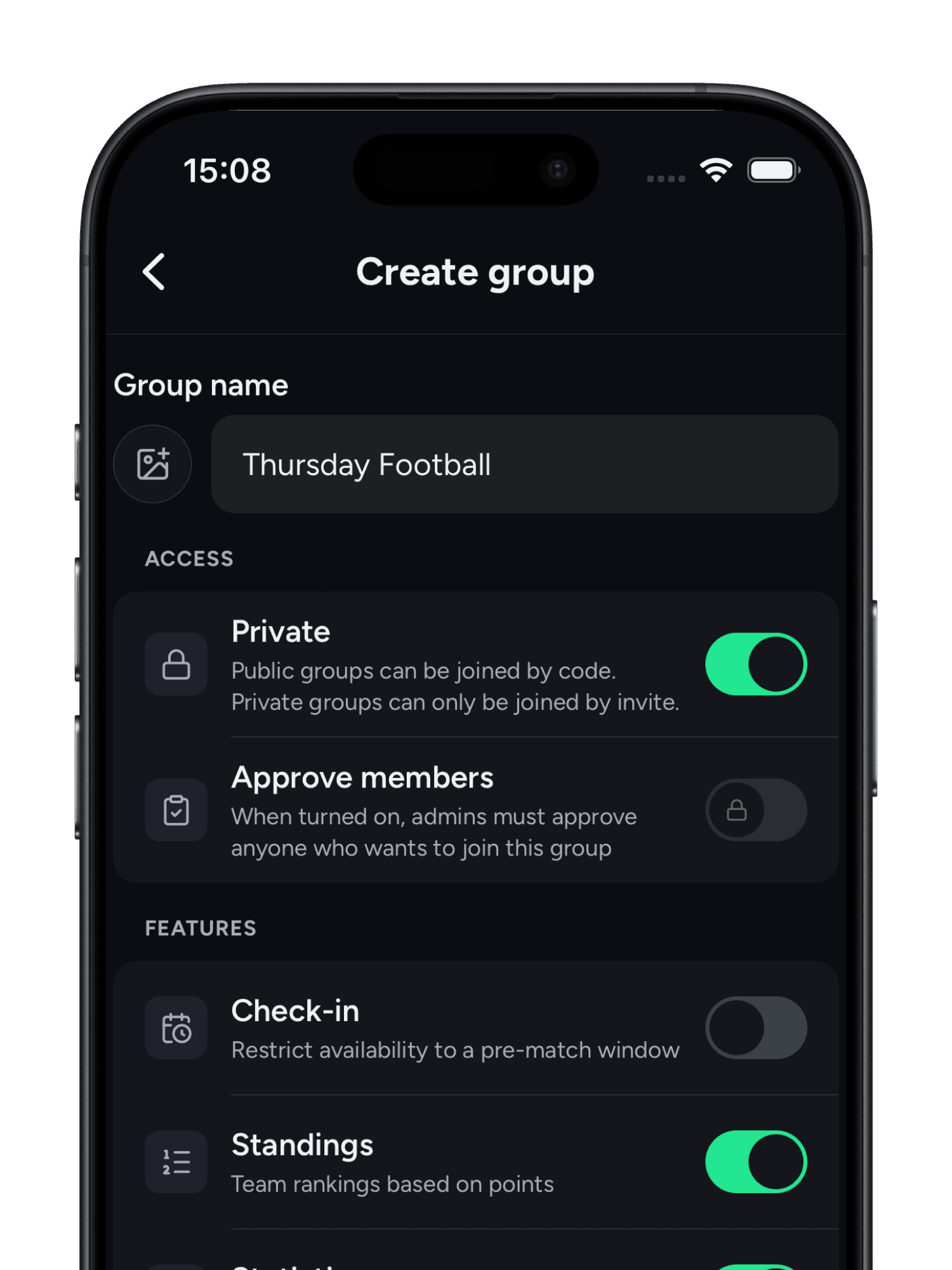 Teamsheet group setup screen for creating a new group