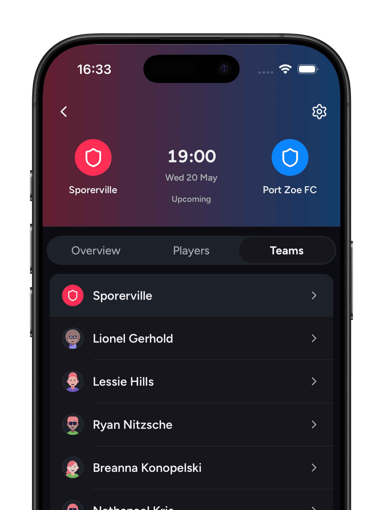 Teamsheet match screen showing fixture details and player availability